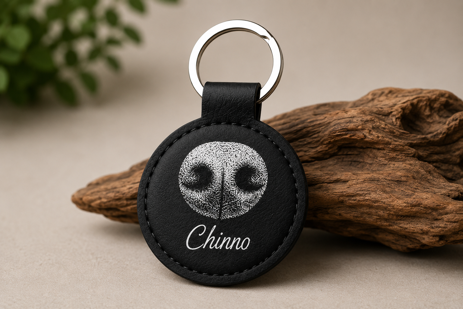 Black Signature NosePrint keychain personalized with a pet nose print and name