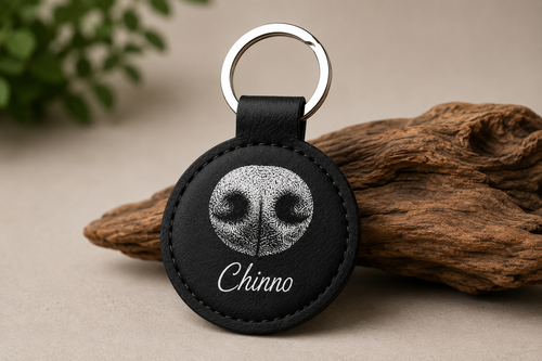 Black Signature NosePrint keychain personalized with a pet nose print and name