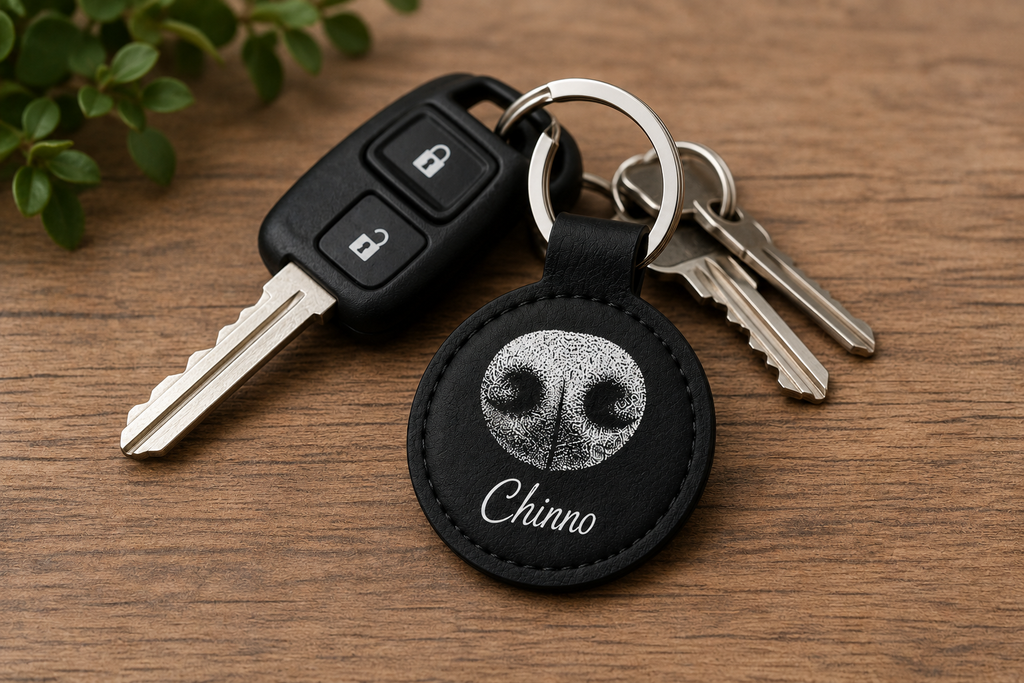 Personalized pet nose print keychain attached to car keys
