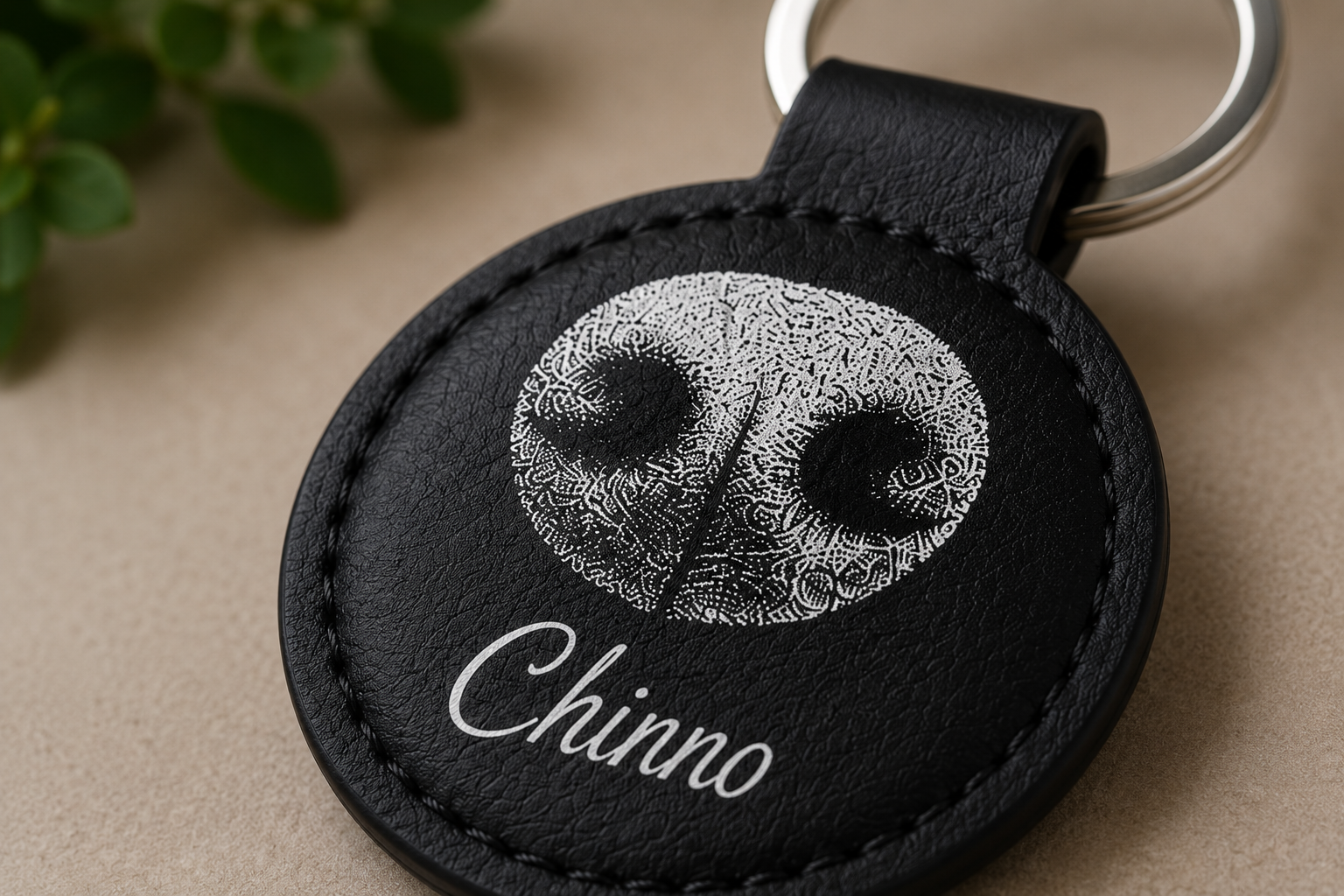 Close-up of laser engraved pet nose print on black leatherette keychain