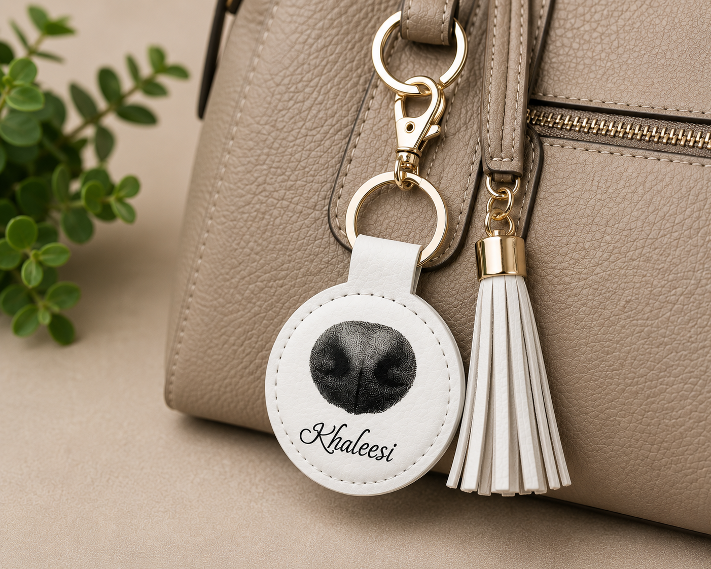 Personalized pet keychain attached to a purse